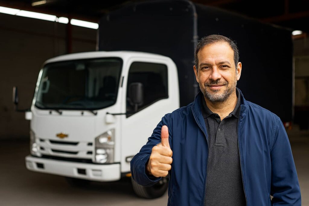 Hombre feliz por sus camiones seguros con GPS de la empresa Megarastreo Satelital en Cartagena