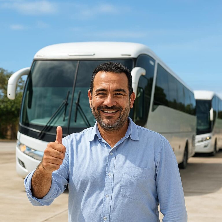 Conductor de bus en Cartagena utilizando sistema de rastreo satelital GPS para seguridad de pasajeros y rutas