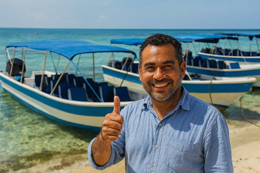 Hombre feliz por sus lanchas con GPS de Megarastreo Satelital en Cartagena