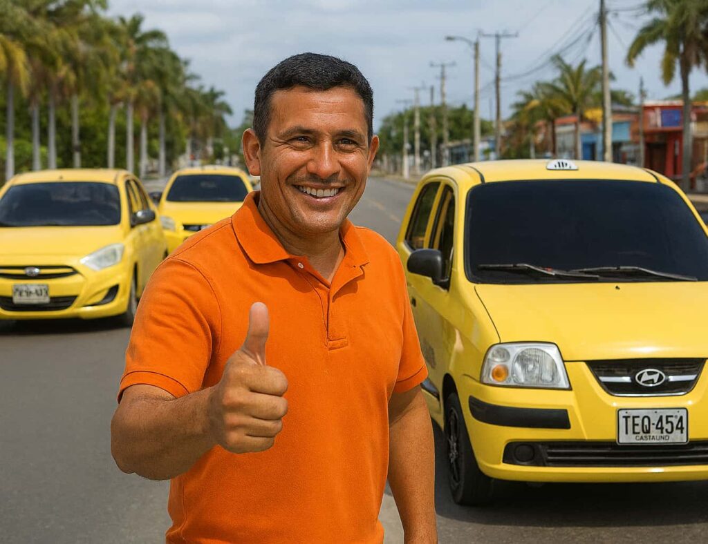 hombre feliz junto a sus taxis muy feliz con sus gps en Cartagena Colombia